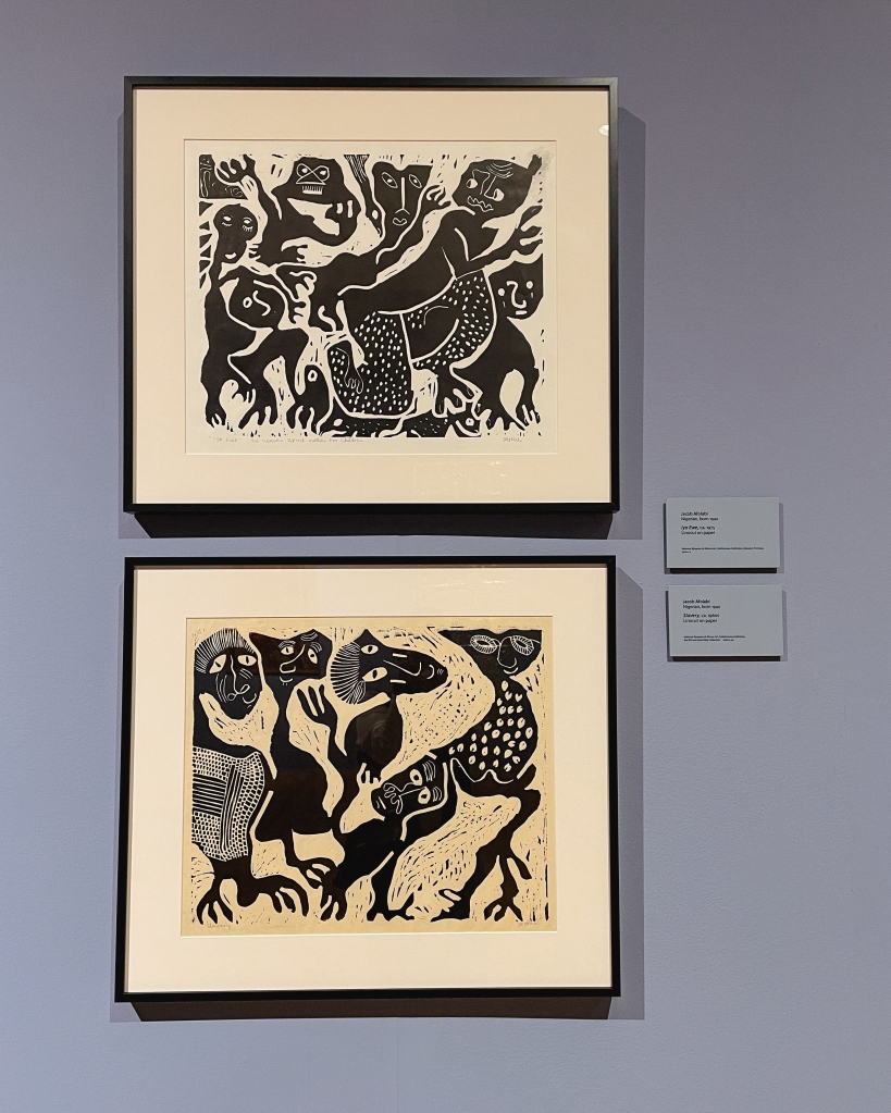 Both pieces of art created by Jacob Afolabi, Nigerian, b. 1940. Both pieces are linocut on paper.

Top artwork: "Iya Ewe," ca. 1975

Bottom artwork: "Slavery," ca. 1960s

Black figures in movement, with patterned clothes to serve as textures. The characters are full of expression and movement.