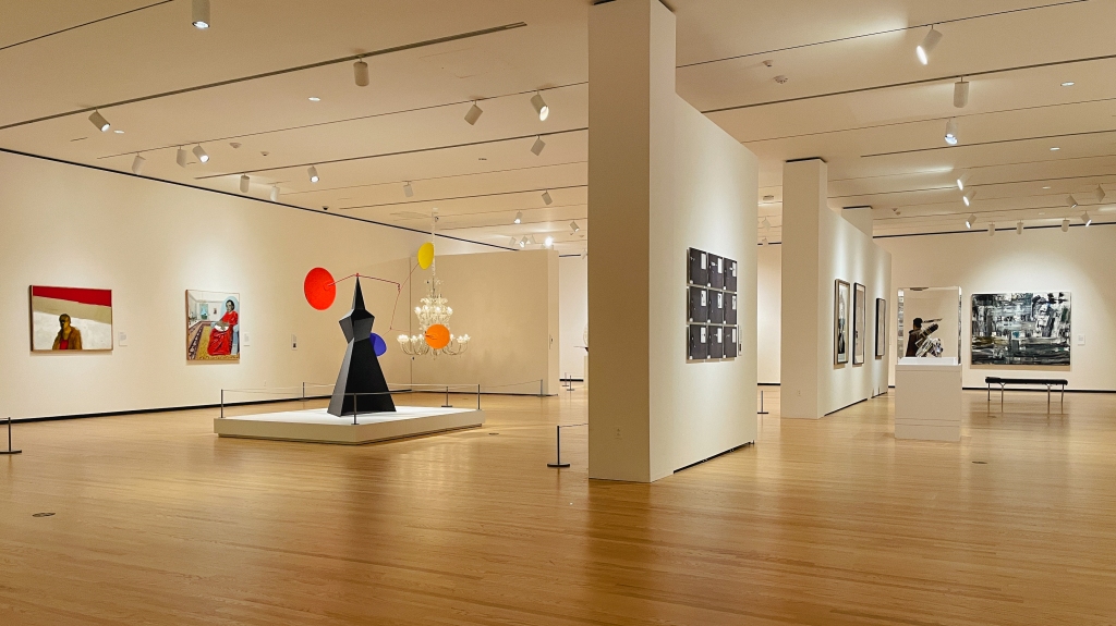The second floor of the Chrysler Museum of Art, featuring modern sculpture and various paintings.